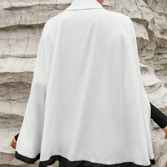White Preppy Womens Contrast Trim Cloak Sleeve Cape Coat - Picture 2 of 5